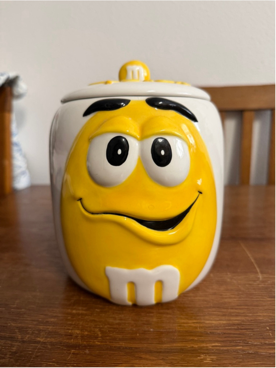 Vintage Galerie Yellow M&M Ceramic Cookie Jar Canister w/ Lid Mars Candy